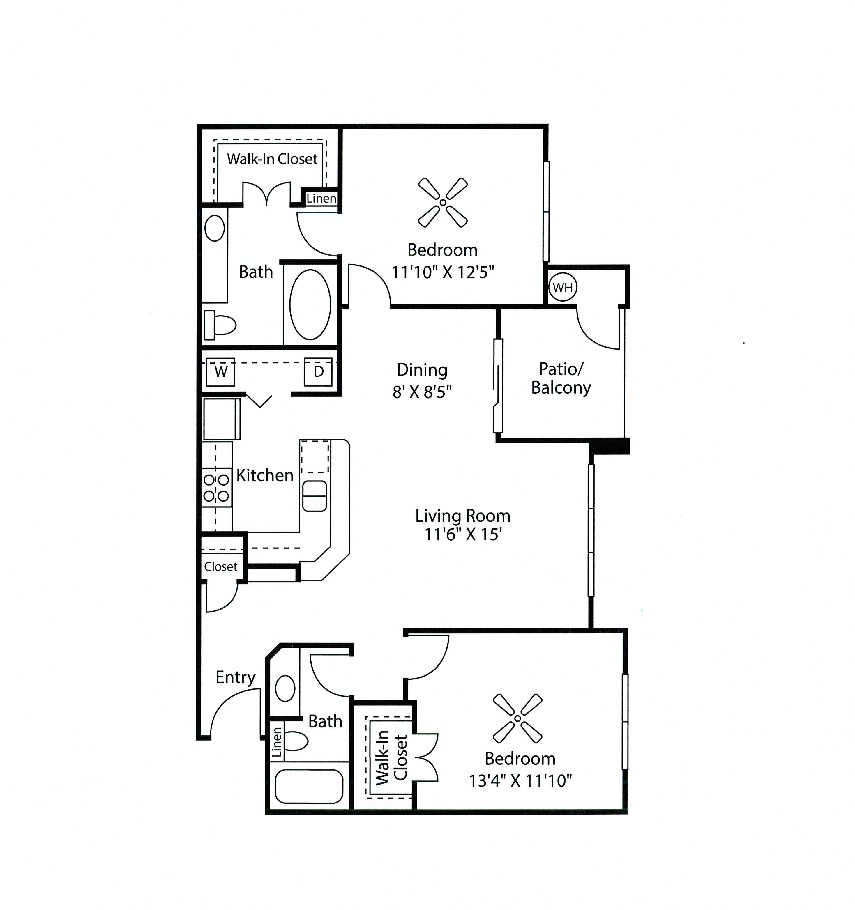 Floor plan for 2 beds, 2 baths, 1026 sqft